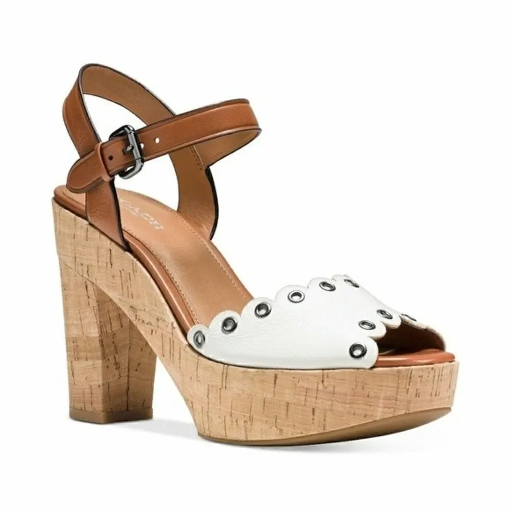 New! COACH Women's Platform Leather Sandals Shoes Chunky Heel Open-Toe Size 9